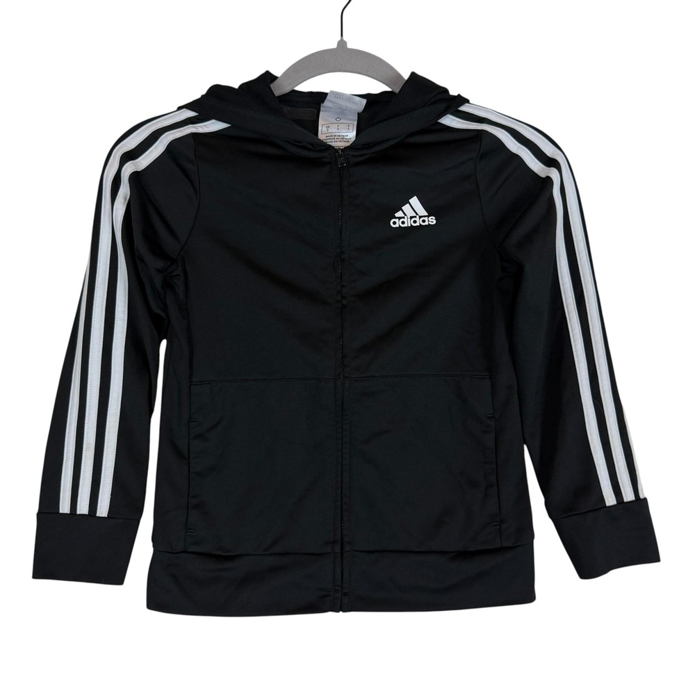 Adidas Jacket Kids 6 Black Hooded Track Full Zip 3 Stripe Athletic Training